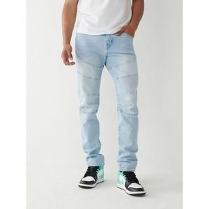 True Religion Men's Rocco Moto Stitch Relaxed Skinny Fit Jeans in Light Wash, 36